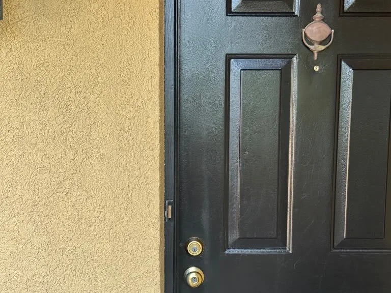 The front door painted black, close up with its knocker and handle