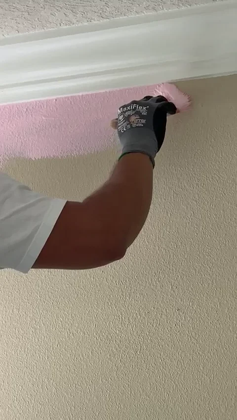 Close-up of a brush cutting in pink paint along white crown molding
